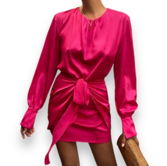 NWT Morrisday The Label Dress Fuschia Pink Wrap Mini Longsleeve Cocktail Size S. - Picture 1 of 15
